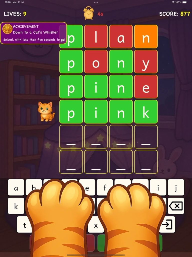 Screenshot of Cats and Clues, word game. User has guessed plan, pony, pine and then the correct answer: PINK. Correct letters are in green, incorrect in red and misplaced in orange.